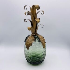 VTG Hand Blown Glass Pineapple Fruit Metal Stem & Leaves Green Antique Gold Tone